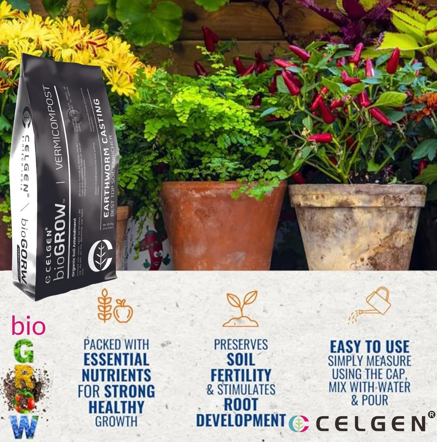 Celgen-bioGROW Vermicompost (Premium Organic Soil Enhancer with Added Bio Fertilizers)