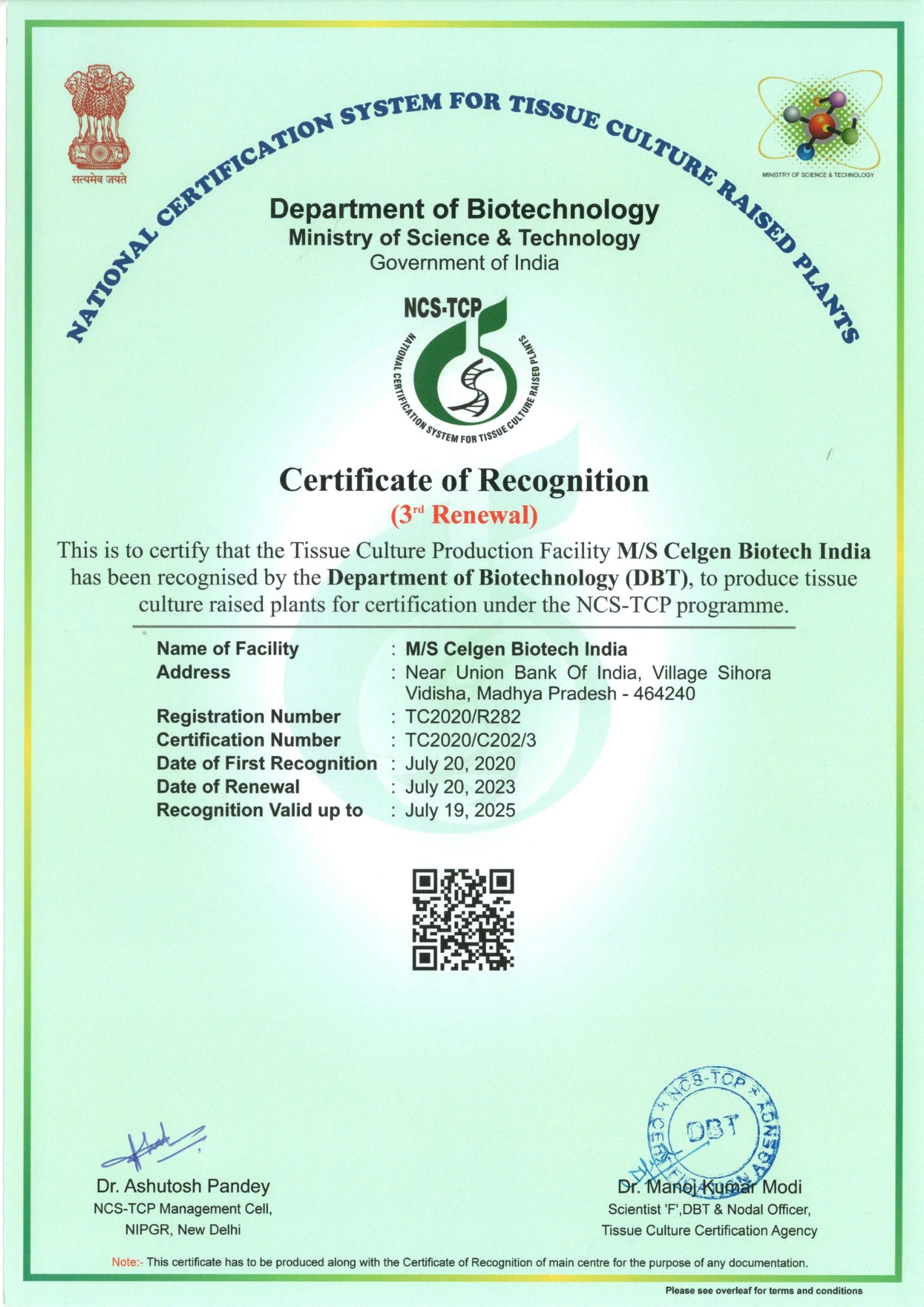 Recognition Certificate from National Certification System for Tissue Culture Raised Plants